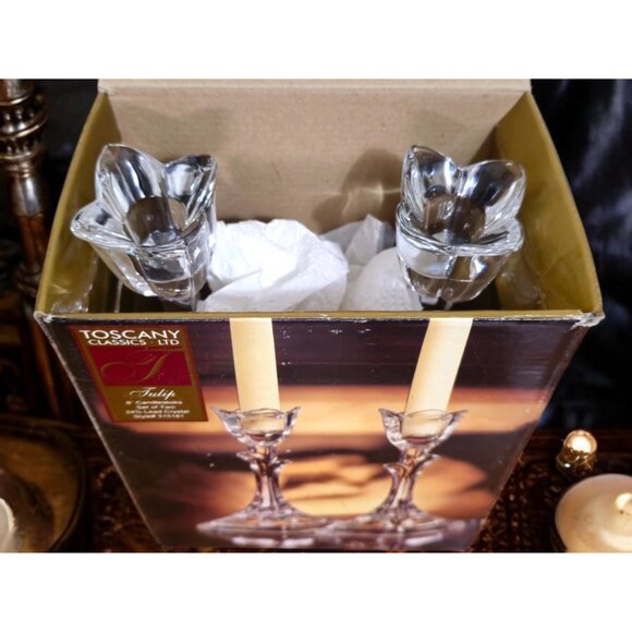 Vintage Toscani Antiques Ltd Tulip Candlesticks Set of Two 24% Lead Crystal 8" - Picture 3 of 10